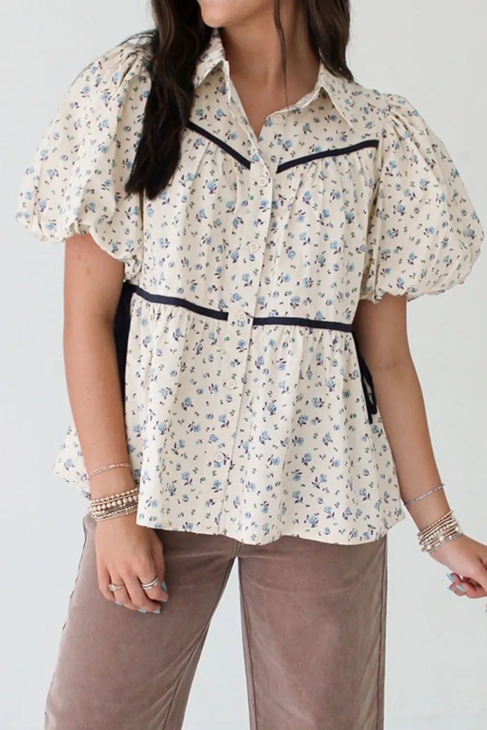 Contrast Trim Floral Puff Short Sleeve Shirt - LODIMAE FASHION 