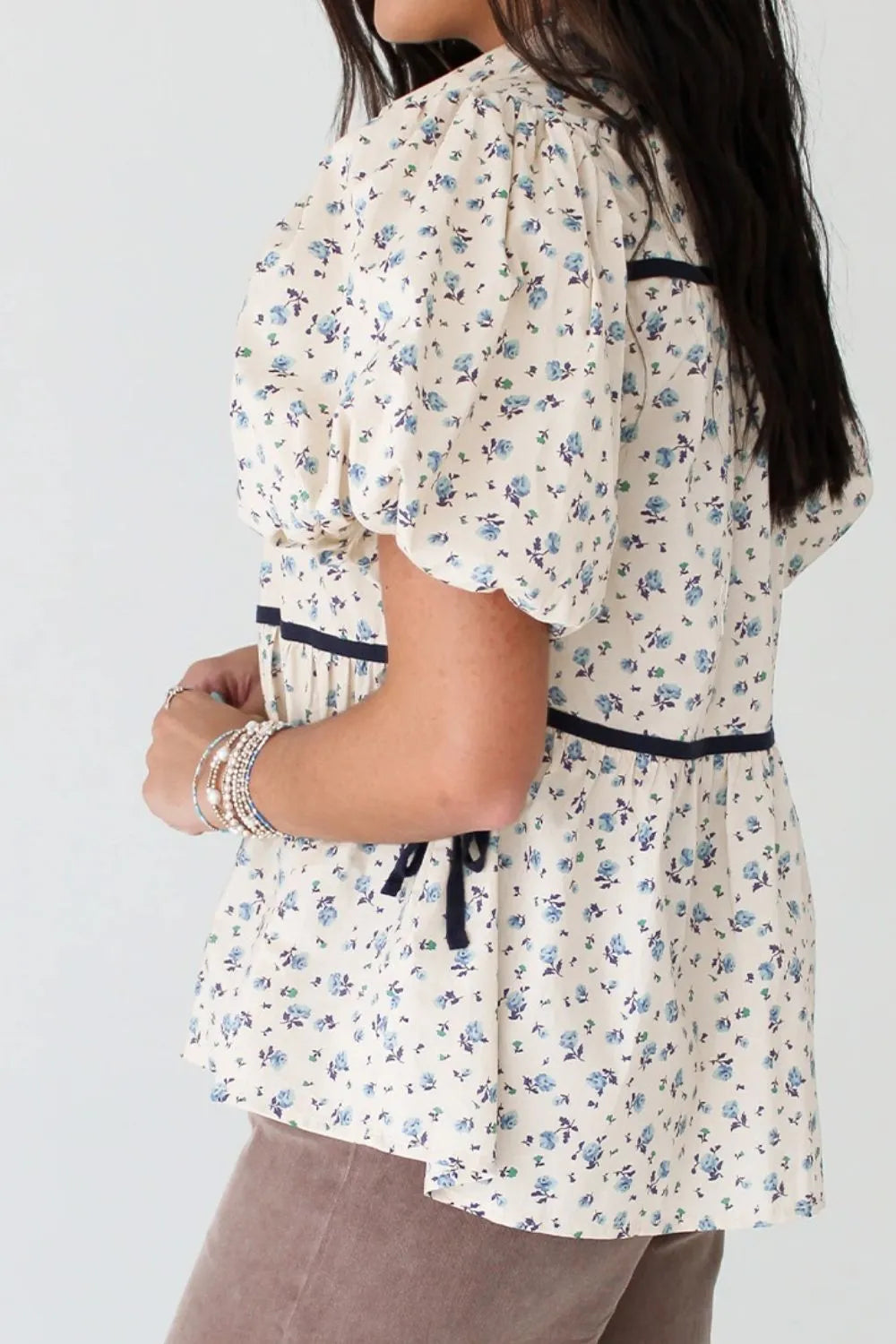 Contrast Trim Floral Puff Short Sleeve Shirt - LODIMAE FASHION 
