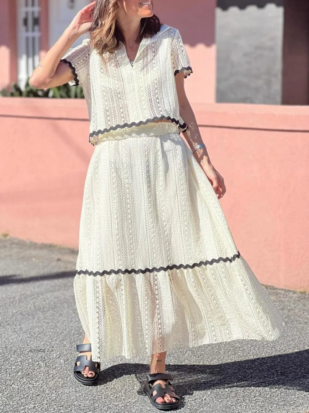 Contrast Trim Openwork Short Sleeve Top and Skirt Set - LODIMAE FASHION 