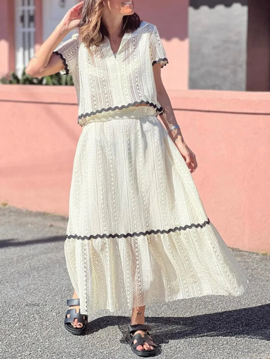 Contrast Trim Openwork Short Sleeve Top and Skirt Set - LODIMAE FASHION 