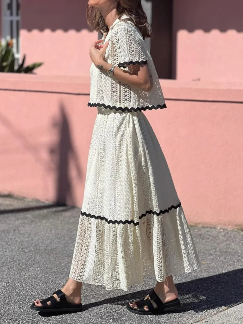 Contrast Trim Openwork Short Sleeve Top and Skirt Set - LODIMAE FASHION 