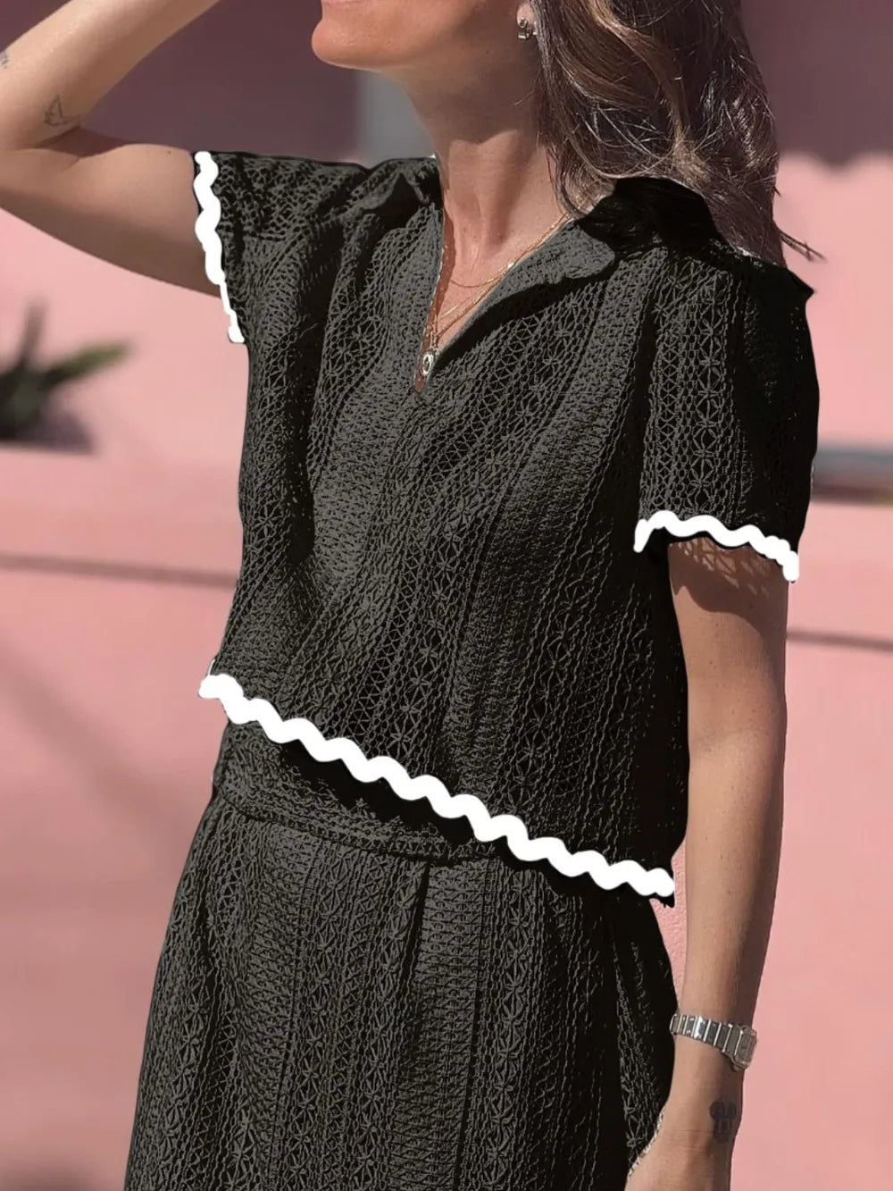 Contrast Trim Openwork Short Sleeve Top and Skirt Set - LODIMAE FASHION 