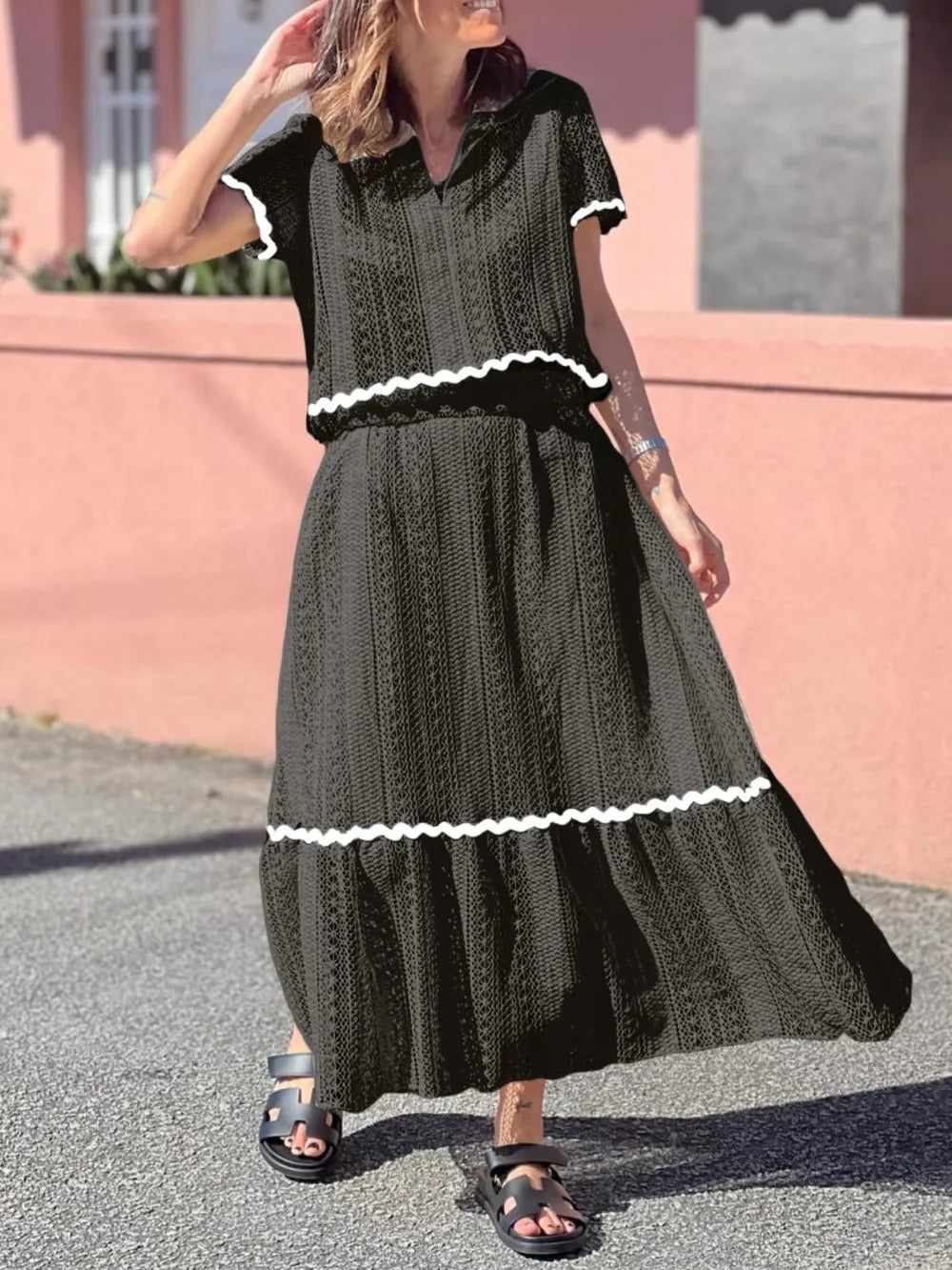 Contrast Trim Openwork Short Sleeve Top and Skirt Set - LODIMAE FASHION 