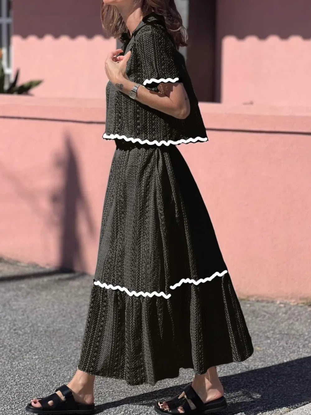 Contrast Trim Openwork Short Sleeve Top and Skirt Set - LODIMAE FASHION 