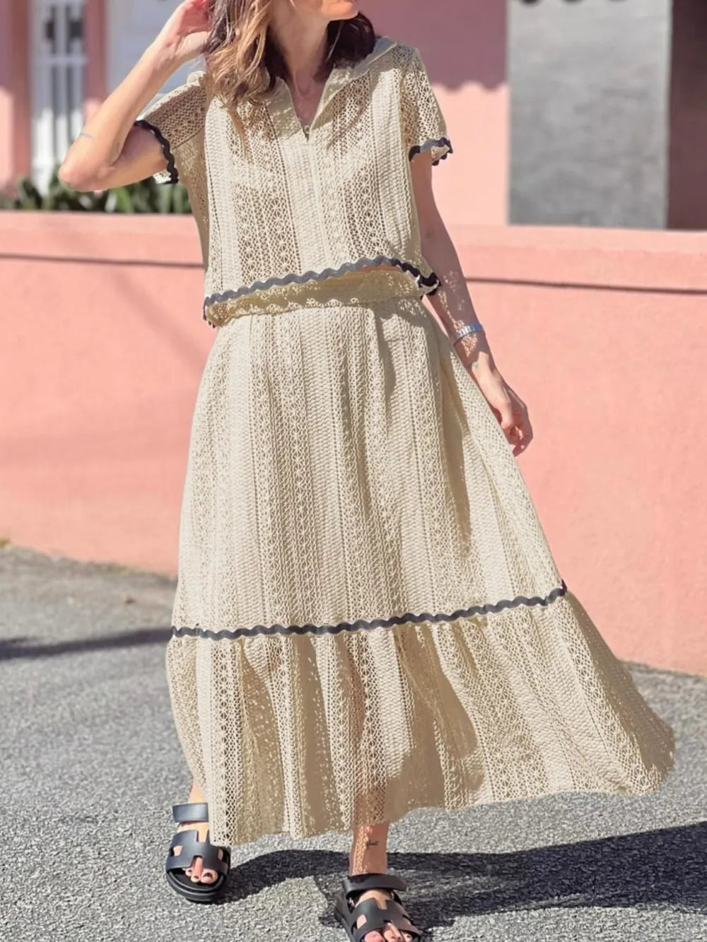 Contrast Trim Openwork Short Sleeve Top and Skirt Set - LODIMAE FASHION 