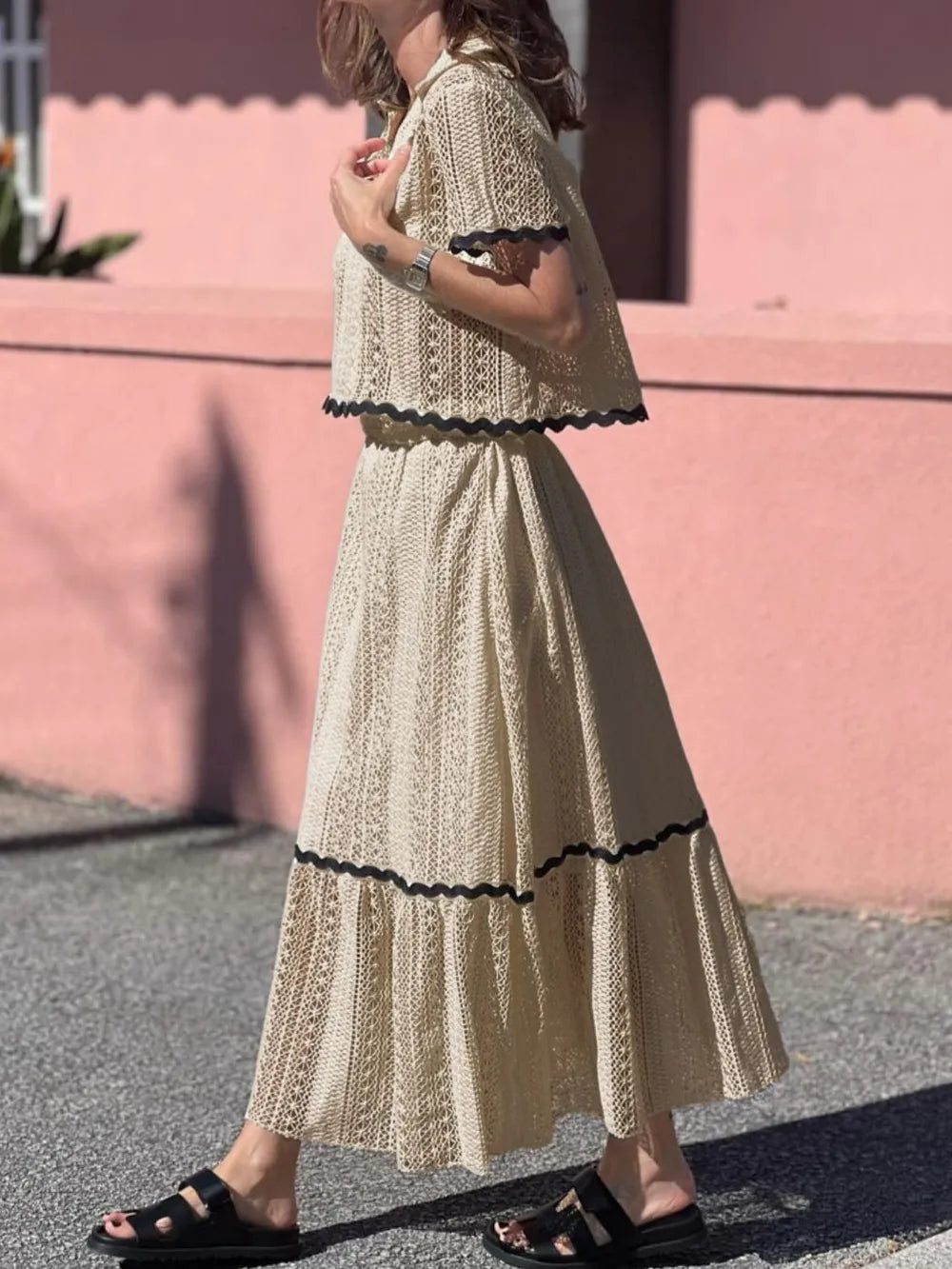 Contrast Trim Openwork Short Sleeve Top and Skirt Set - LODIMAE FASHION 