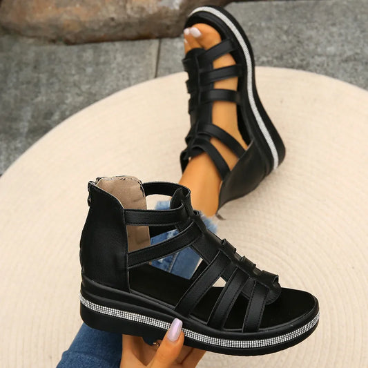 Cutout Rhinestone Trim Wedge Sandals - LODIMAE FASHION 