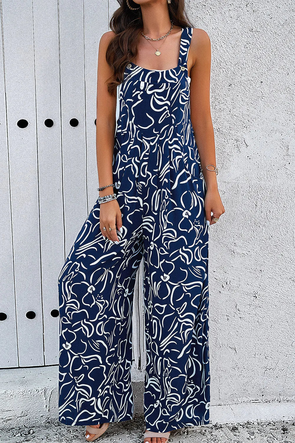 Devine Printed Wide Strap Jumpsuit with Pockets - LODIMAE FASHION 
