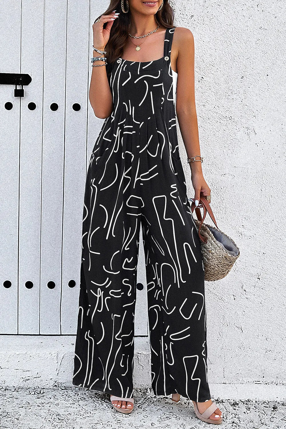 Devine Printed Wide Strap Jumpsuit with Pockets - LODIMAE FASHION 
