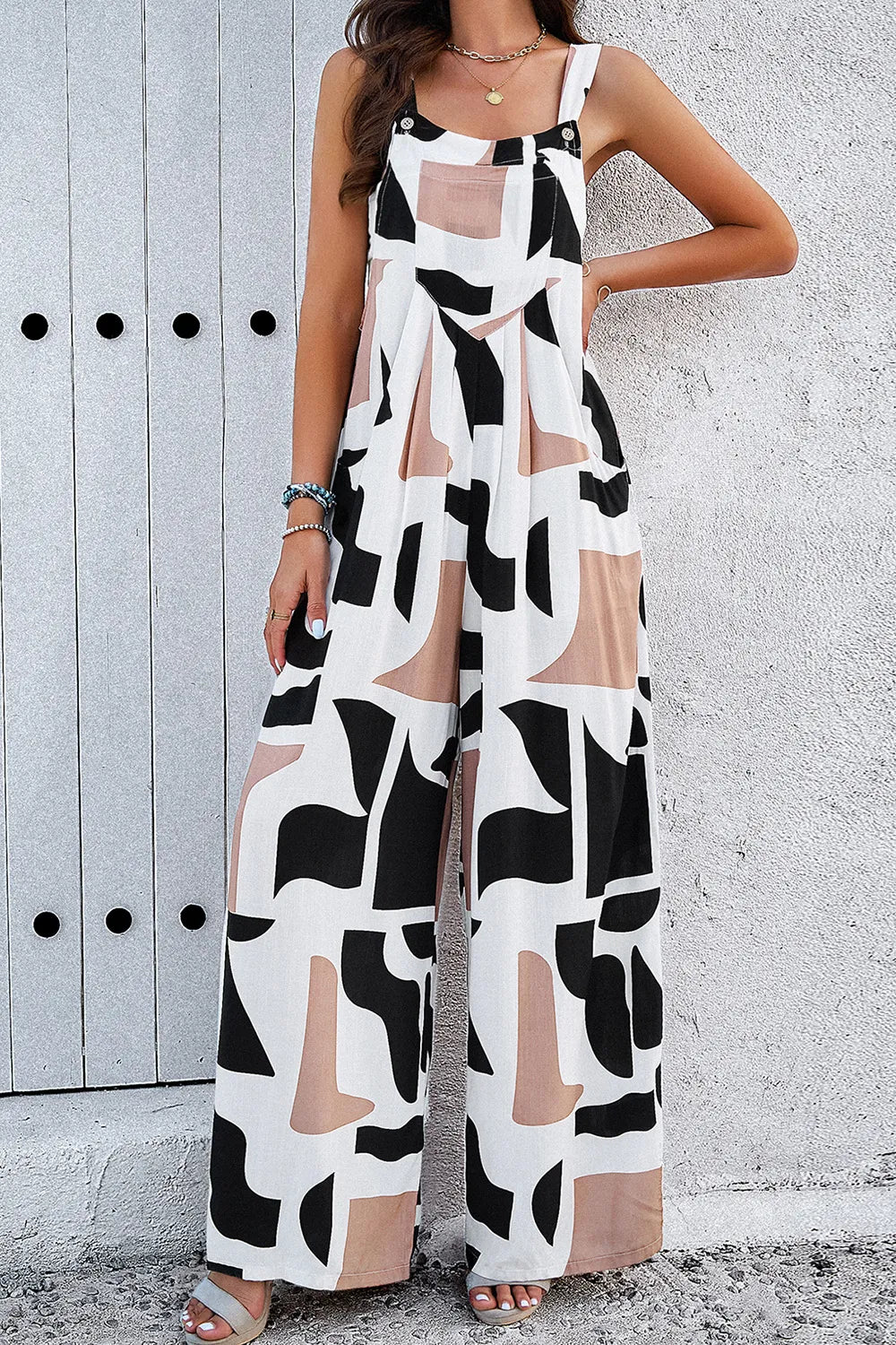 Devine Printed Wide Strap Jumpsuit with Pockets - LODIMAE FASHION 