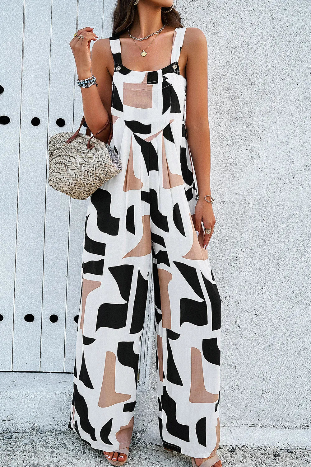 Devine Printed Wide Strap Jumpsuit with Pockets - LODIMAE FASHION 