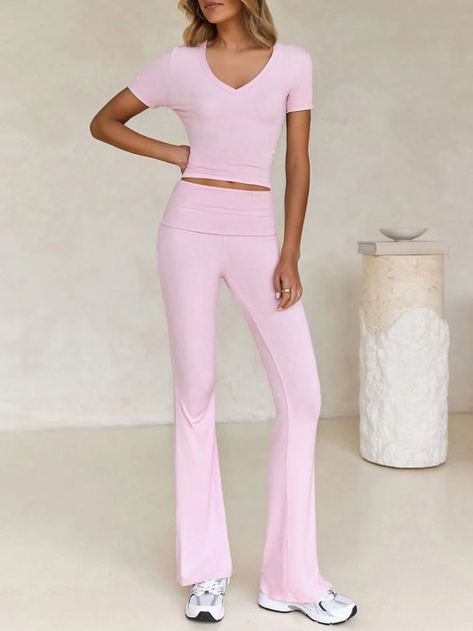 Devine V-Neck Top and Bootcut Leggings Set - LODIMAE FASHION 