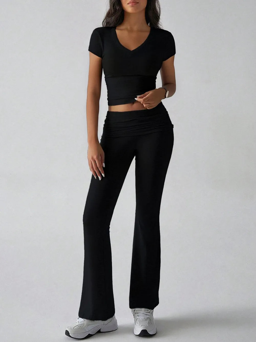 Devine V-Neck Top and Bootcut Leggings Set - LODIMAE FASHION 