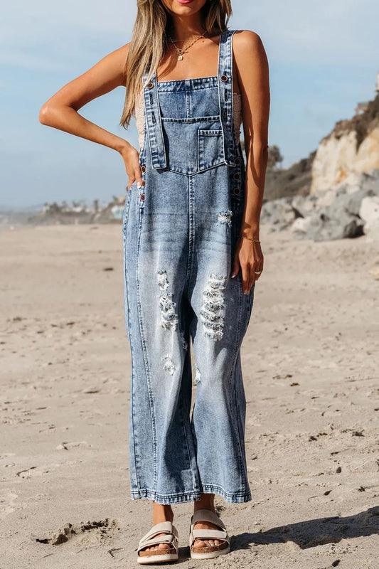 Distressed Denim Overalls – Wide Leg Bib Pocket Jumpsuit - LODIMAE FASHION 