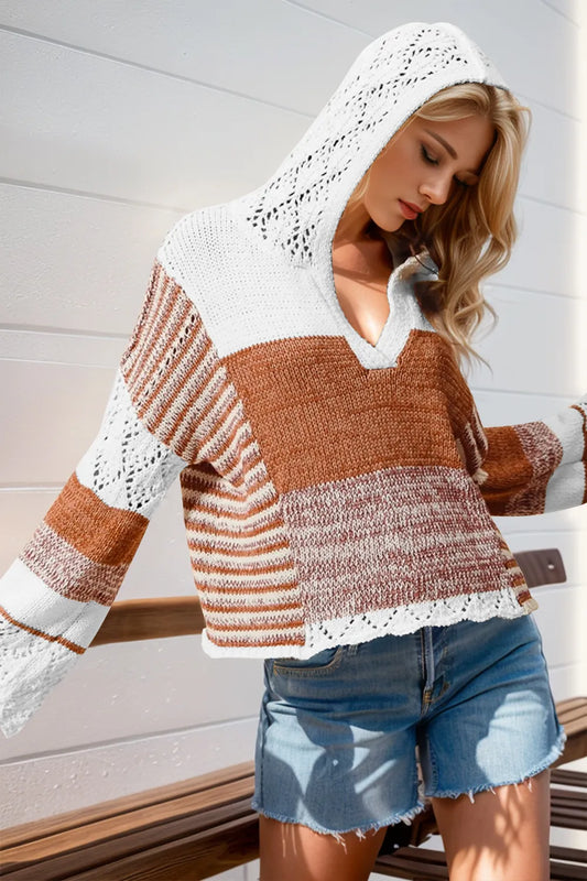 Double Take Full Size Openwork Contrast Long Sleeve Hooded Sweater - LODIMAE FASHION 