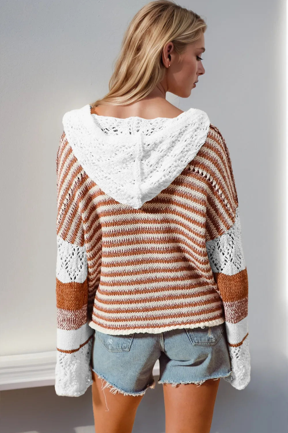 Double Take Full Size Openwork Contrast Long Sleeve Hooded Sweater - LODIMAE FASHION 