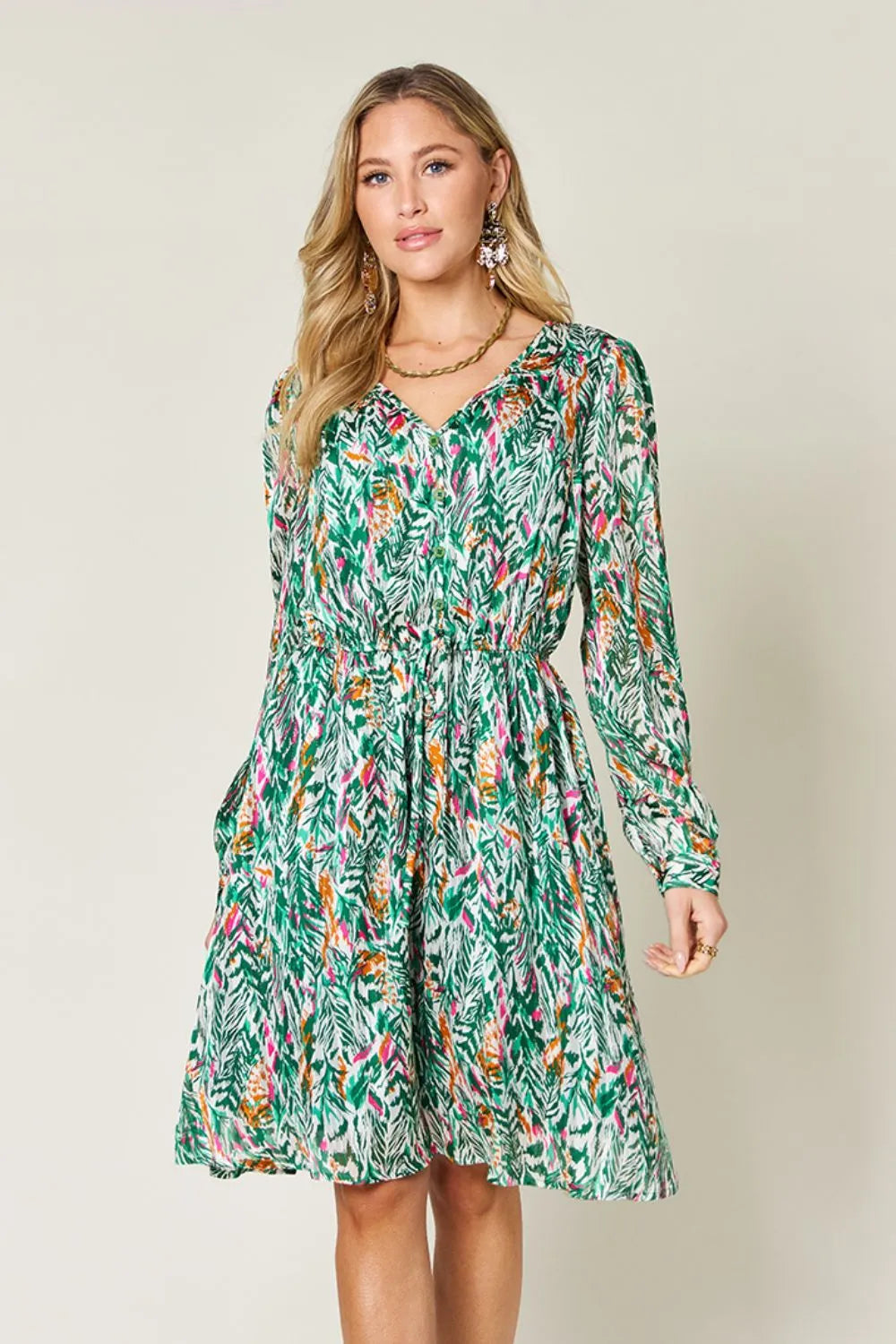Double Take Full Size Printed Drawstring Waist Long Sleeve Dress - LODIMAE FASHION 