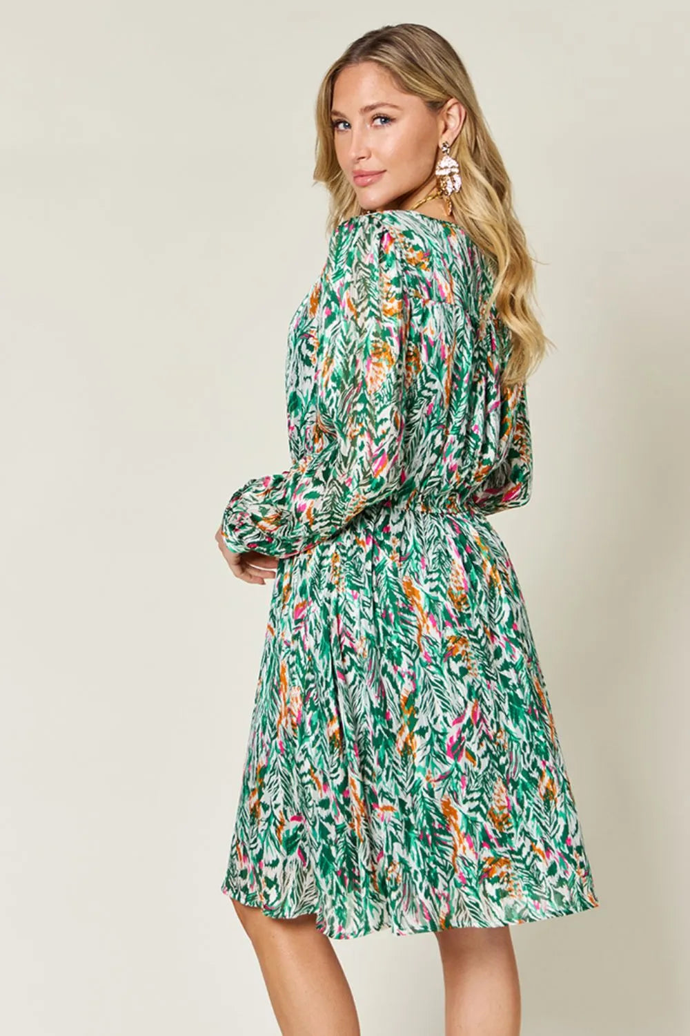Double Take Full Size Printed Drawstring Waist Long Sleeve Dress - LODIMAE FASHION 