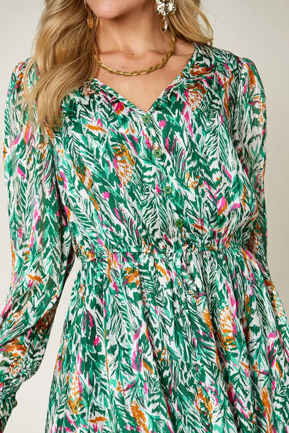 Double Take Full Size Printed Drawstring Waist Long Sleeve Dress - LODIMAE FASHION 