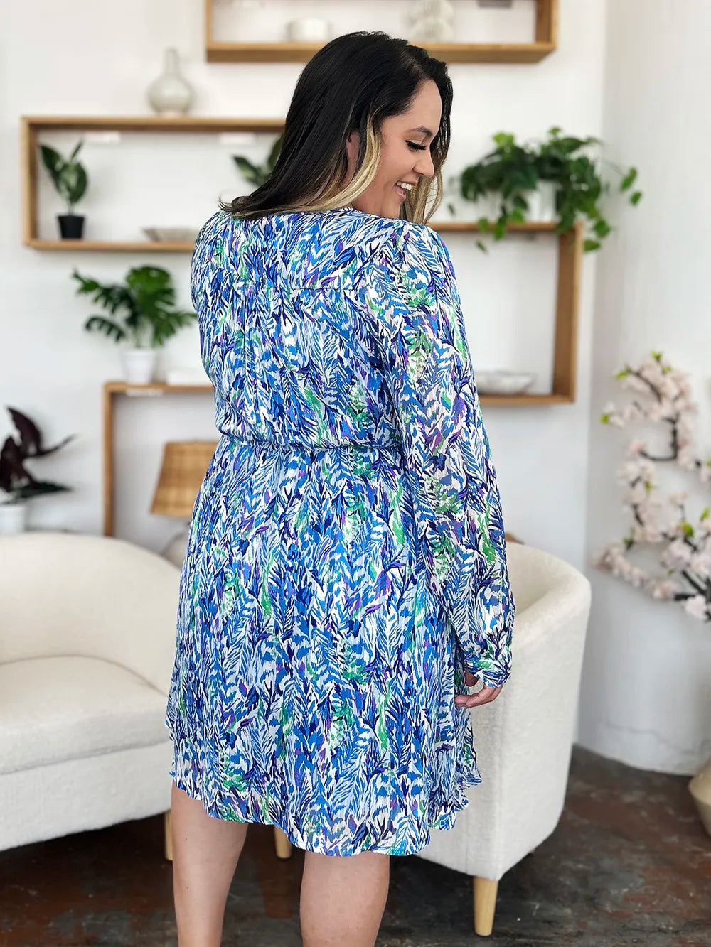 Double Take Full Size Printed Drawstring Waist Long Sleeve Dress - LODIMAE FASHION 