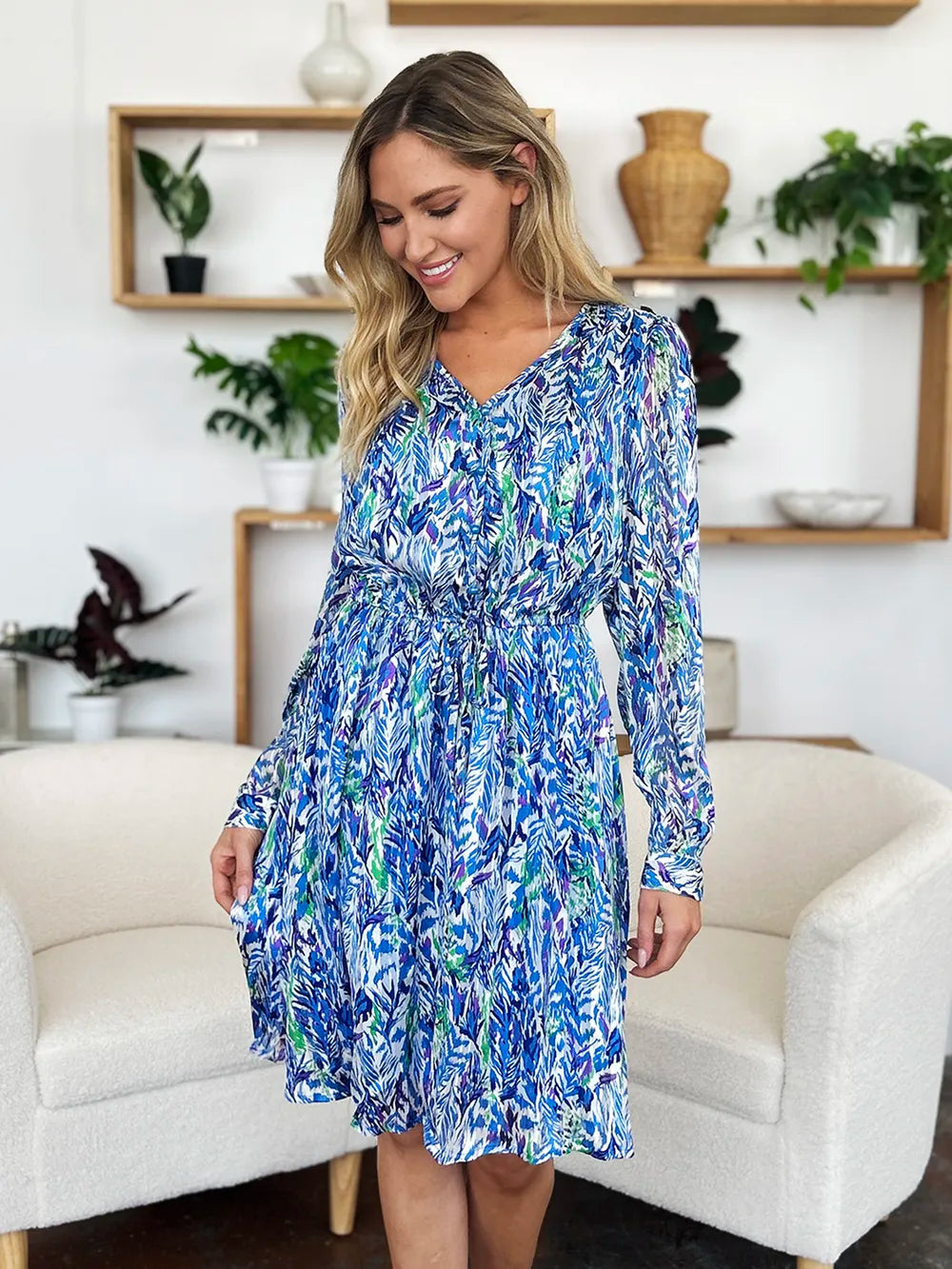 Double Take Full Size Printed Drawstring Waist Long Sleeve Dress - LODIMAE FASHION 