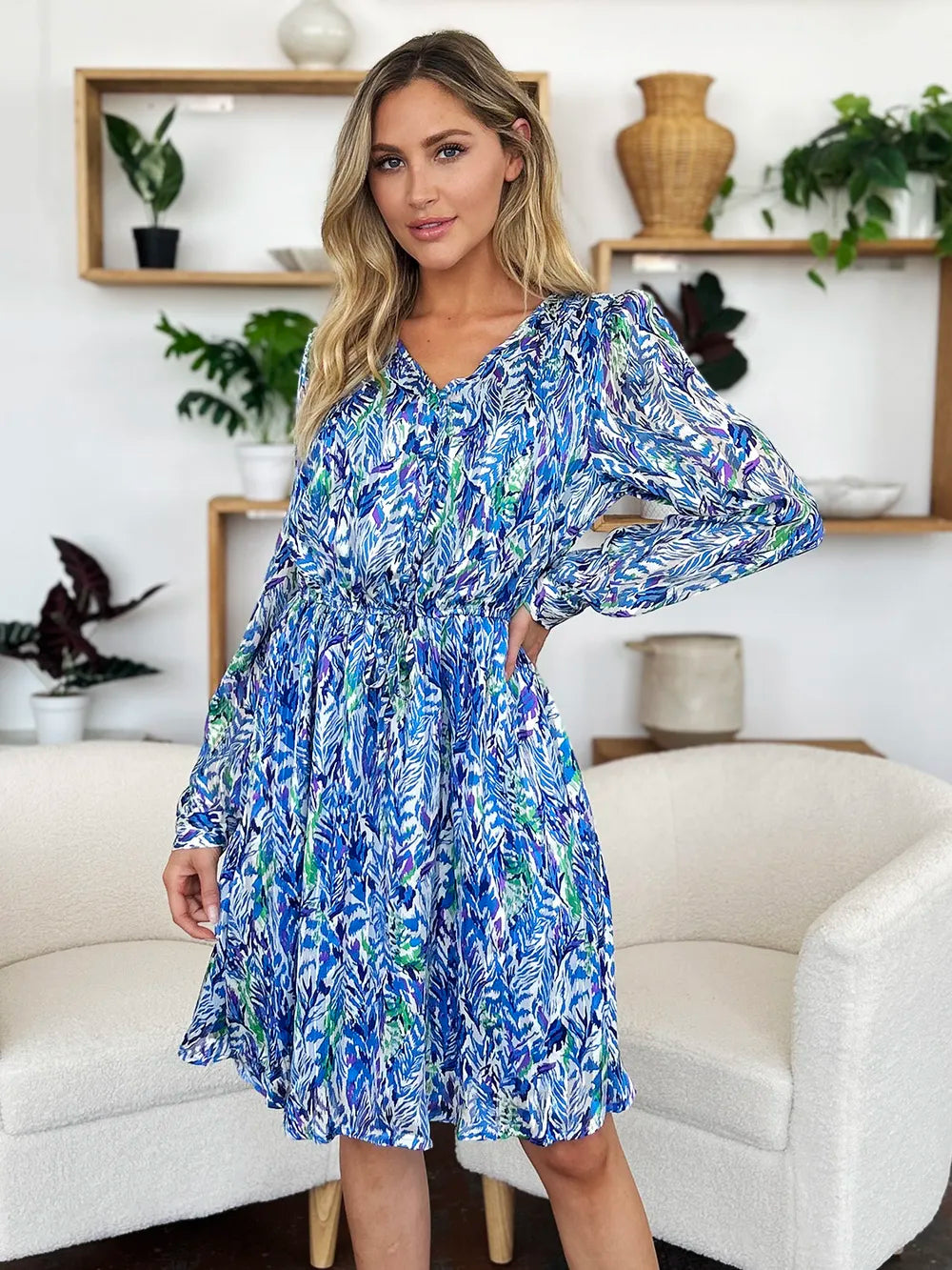Double Take Full Size Printed Drawstring Waist Long Sleeve Dress - LODIMAE FASHION 