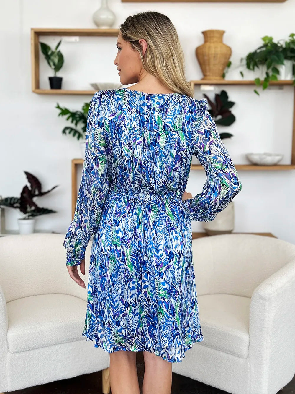 Double Take Full Size Printed Drawstring Waist Long Sleeve Dress - LODIMAE FASHION 