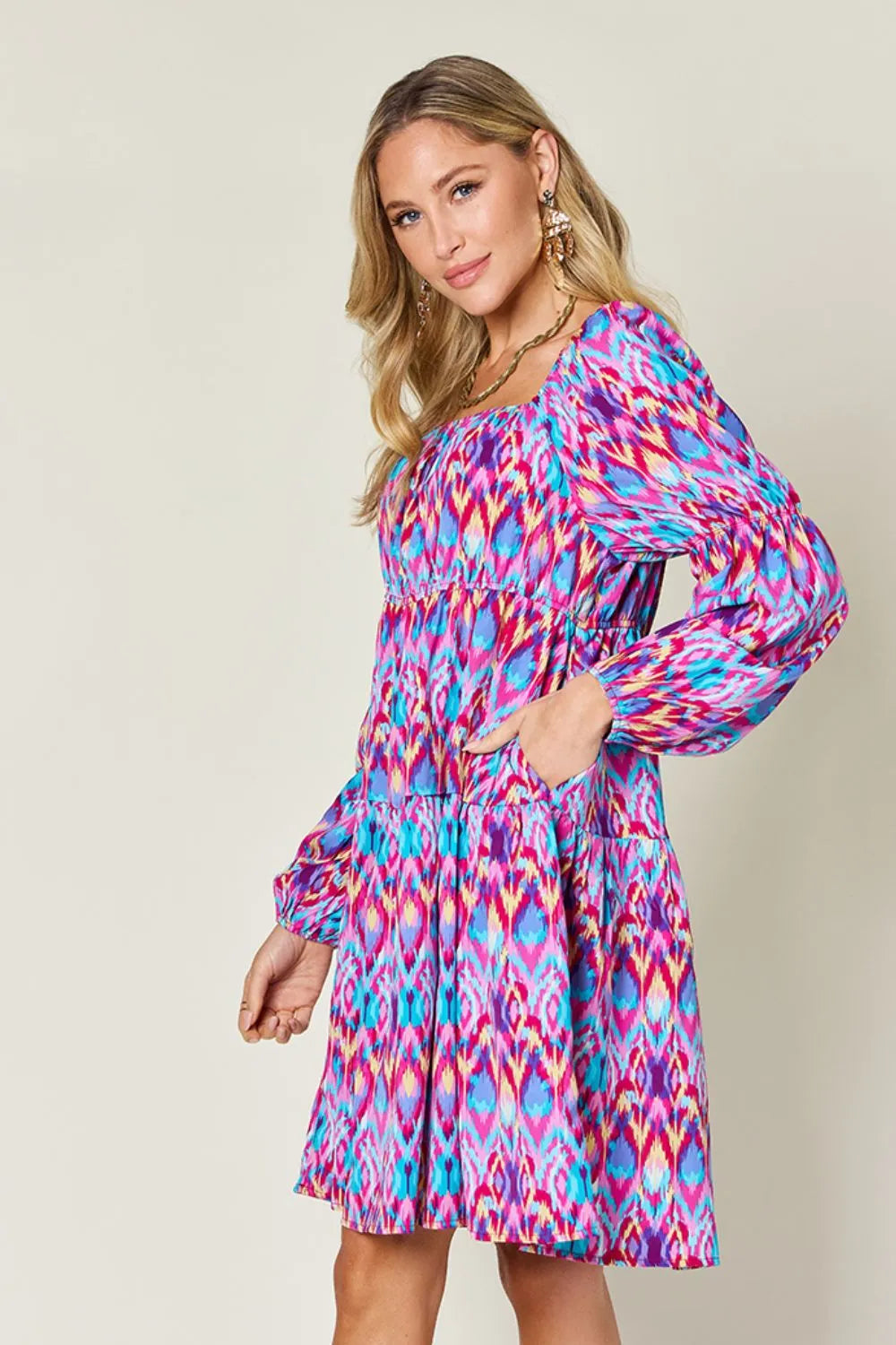 Double Take Full Size Printed Long Sleeve Dress - LODIMAE FASHION 