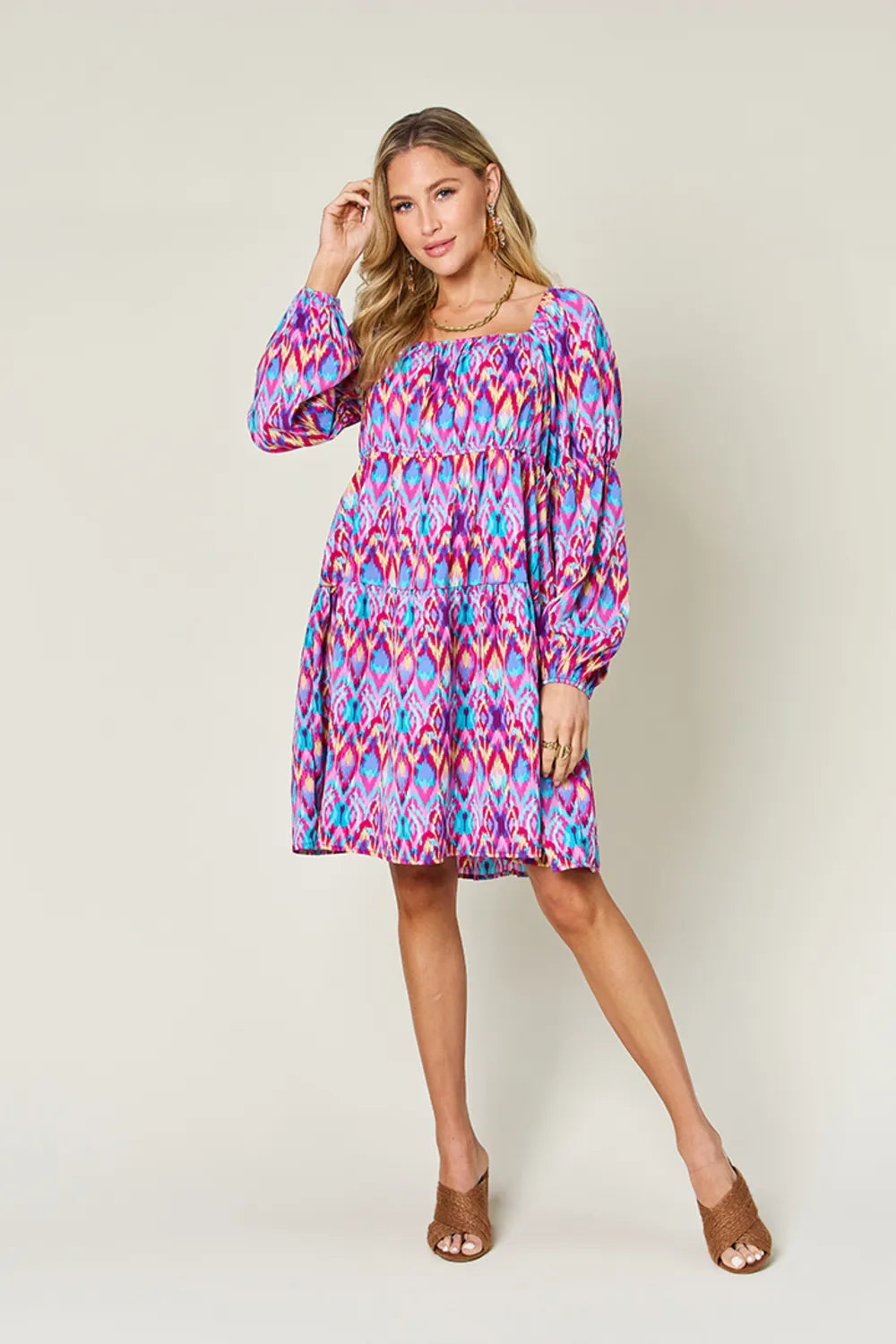 Double Take Full Size Printed Long Sleeve Dress - LODIMAE FASHION 