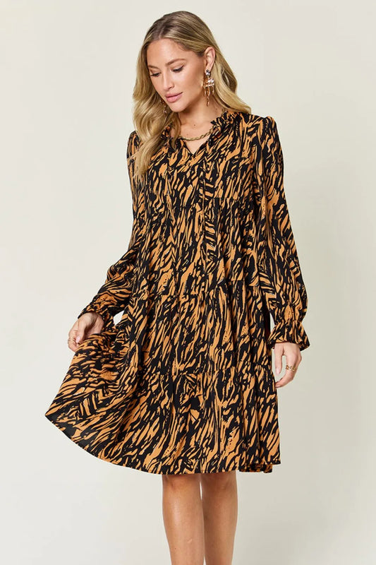 Double Take Full Size Printed Ruffle Hem Long Sleeve Dress - LODIMAE FASHION 