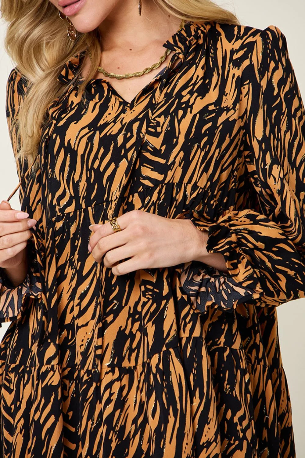 Double Take Full Size Printed Ruffle Hem Long Sleeve Dress - LODIMAE FASHION 