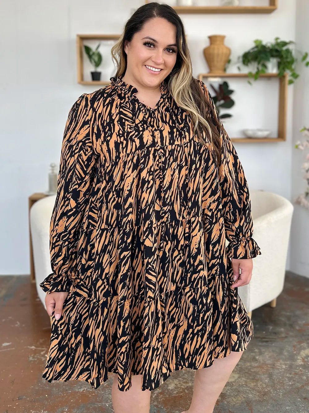 Double Take Full Size Printed Ruffle Hem Long Sleeve Dress - LODIMAE FASHION 
