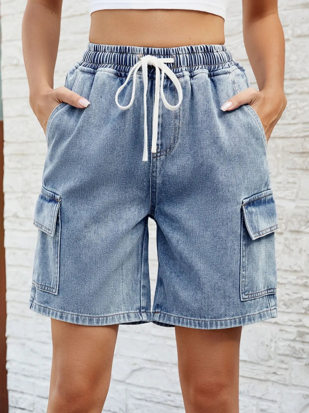 Drawstring Denim Shorts with Pockets - LODIMAE FASHION 