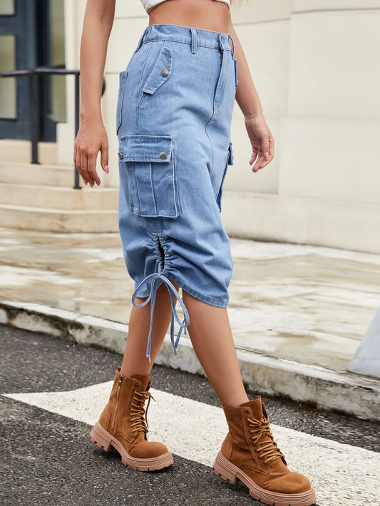Drawstring Denim Skirt with Cargo Pockets - LODIMAE FASHION 