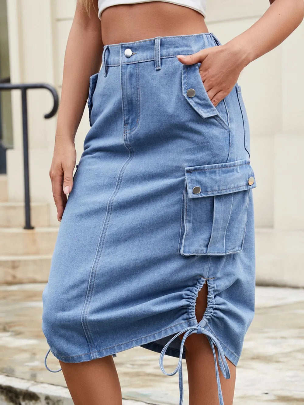 Drawstring Denim Skirt with Cargo Pockets - LODIMAE FASHION 