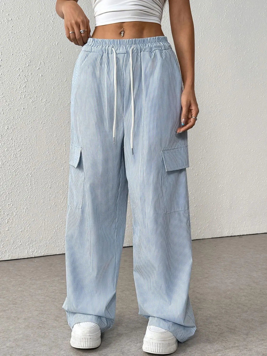 Drawstring Striped Wide Leg Cargo Pants - LODIMAE FASHION 