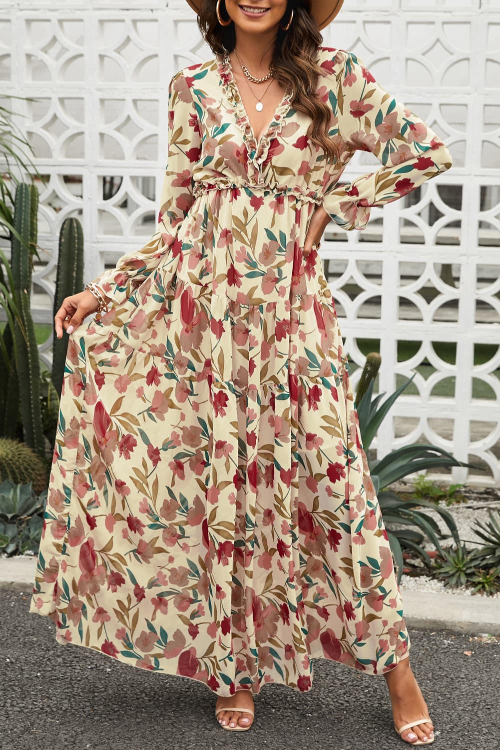 Floral Frill Trim Flounce Sleeve Plunge Maxi Dress - LODIMAE FASHION 