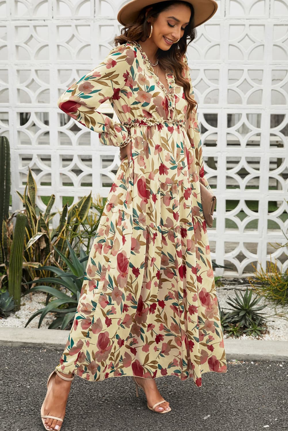 Floral Frill Trim Flounce Sleeve Plunge Maxi Dress - LODIMAE FASHION 