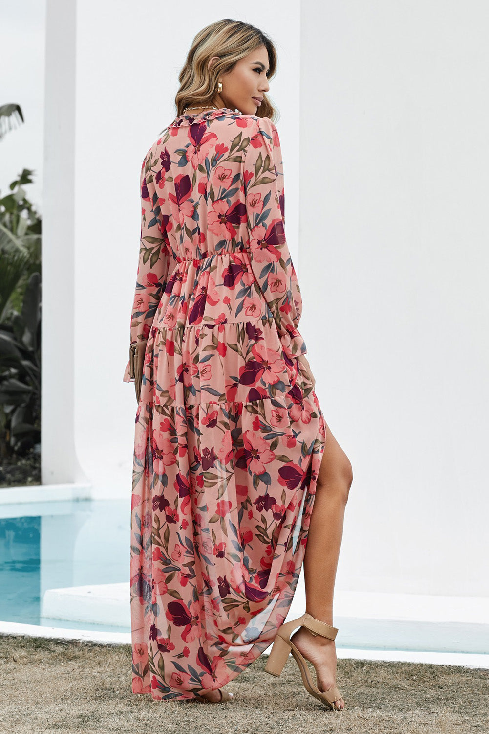 Floral Frill Trim Flounce Sleeve Plunge Maxi Dress - LODIMAE FASHION 