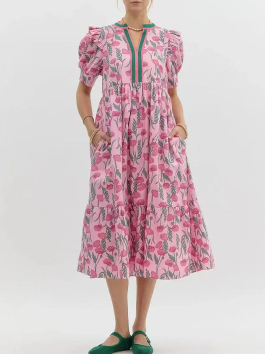 Floral Puff Sleeve Midi ruffed Dress with Contrast Trim - LODIMAE FASHION 