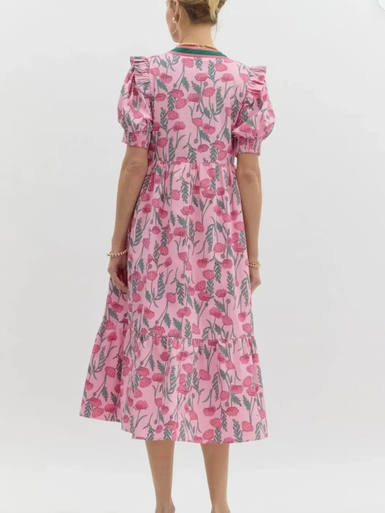 Floral Puff Sleeve Midi ruffed Dress with Contrast Trim - LODIMAE FASHION 