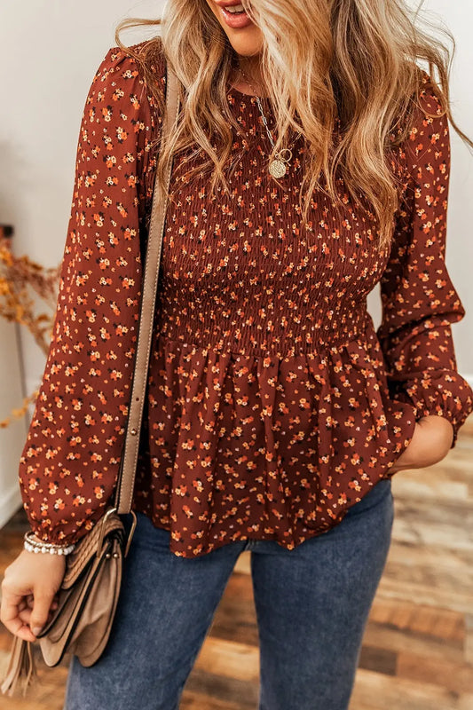 Floral Smocked Ruffle Hem Long Sleeve Blouse - LODIMAE FASHION 