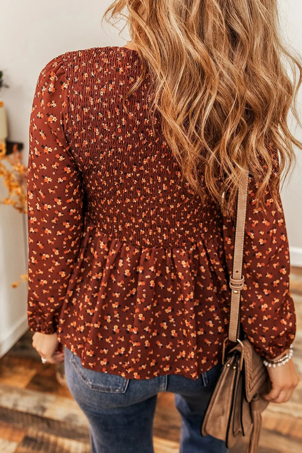 Floral Smocked Ruffle Hem Long Sleeve Blouse - LODIMAE FASHION 