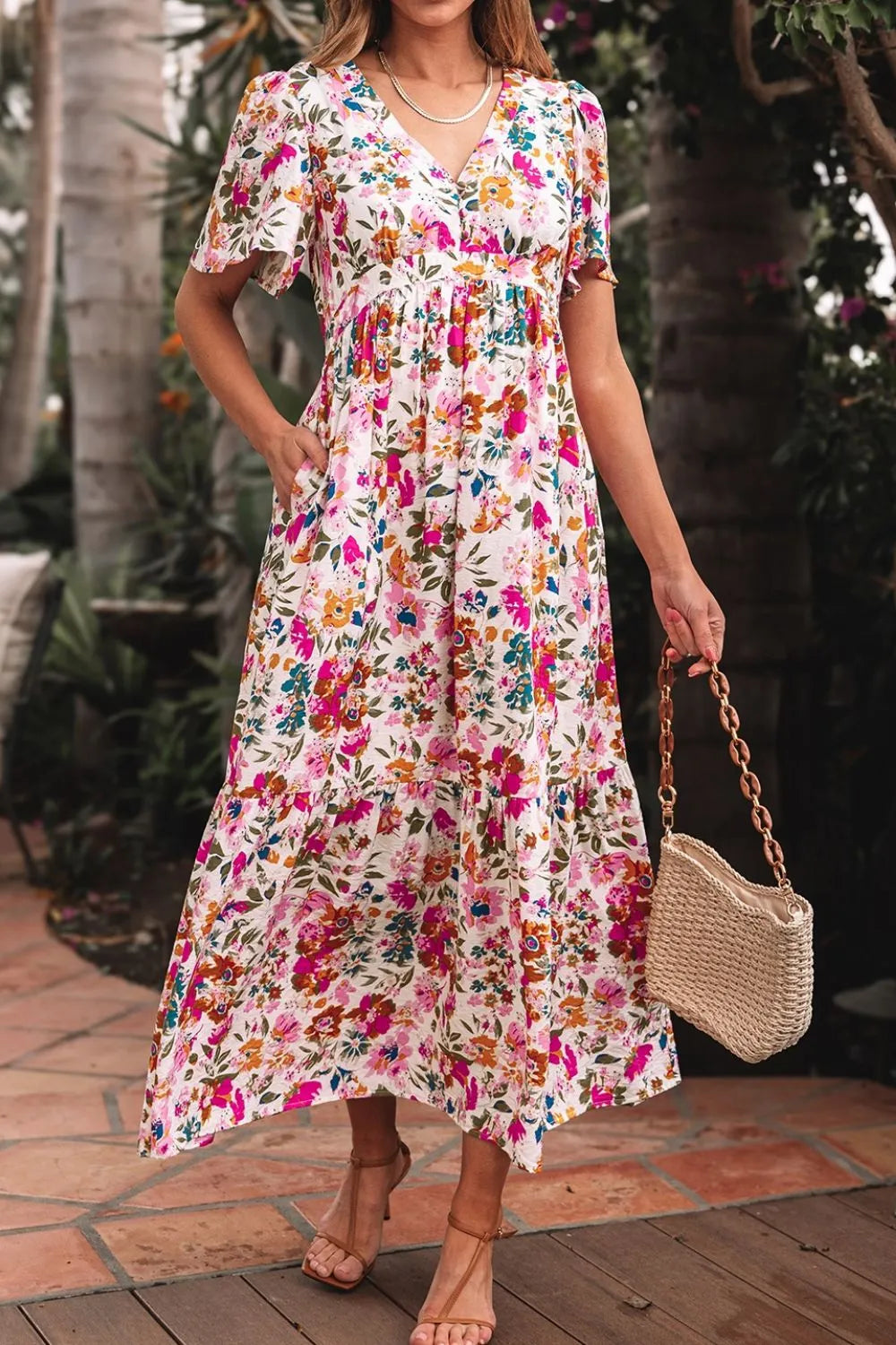 Floral V-Neck Dress with Pockets – Casual Short Sleeve Summer Fashion - LODIMAE FASHION 