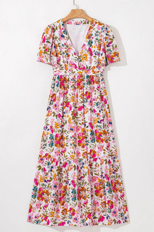 Floral V-Neck Dress with Pockets – Casual Short Sleeve Summer Fashion - LODIMAE FASHION 
