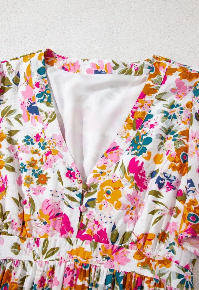 Floral V-Neck Dress with Pockets – Casual Short Sleeve Summer Fashion - LODIMAE FASHION 