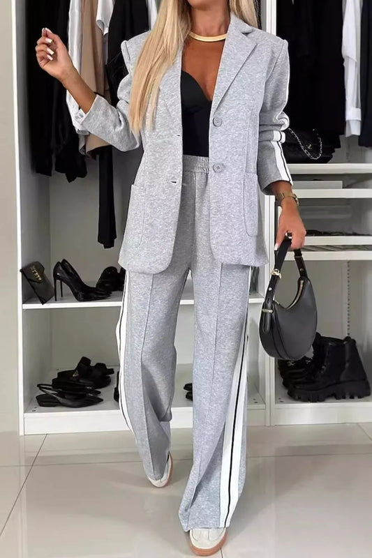 Full Size Two-Piece Pants Set – Contrast Lapel Collar Top & Matching Trousers - LODIMAE FASHION 