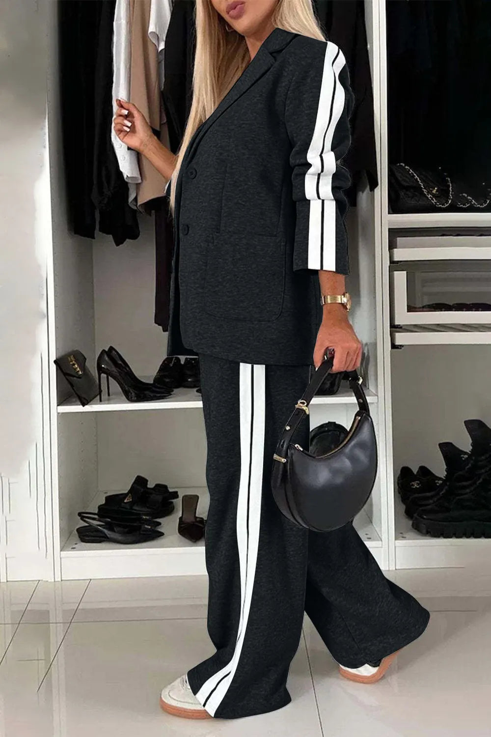 Full Size Two-Piece Pants Set – Contrast Lapel Collar Top & Matching Trousers - LODIMAE FASHION 