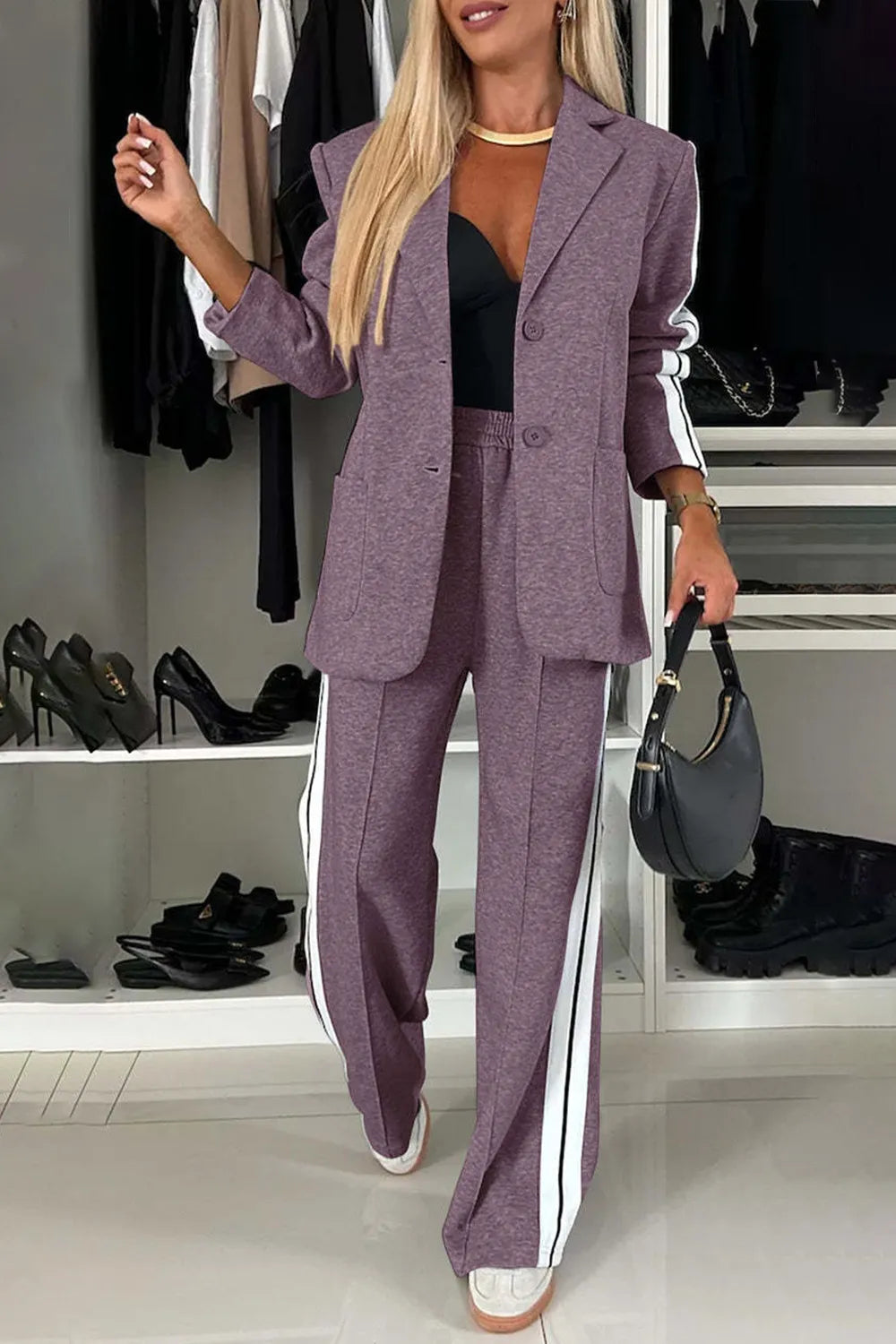 Full Size Two-Piece Pants Set – Contrast Lapel Collar Top & Matching Trousers - LODIMAE FASHION 