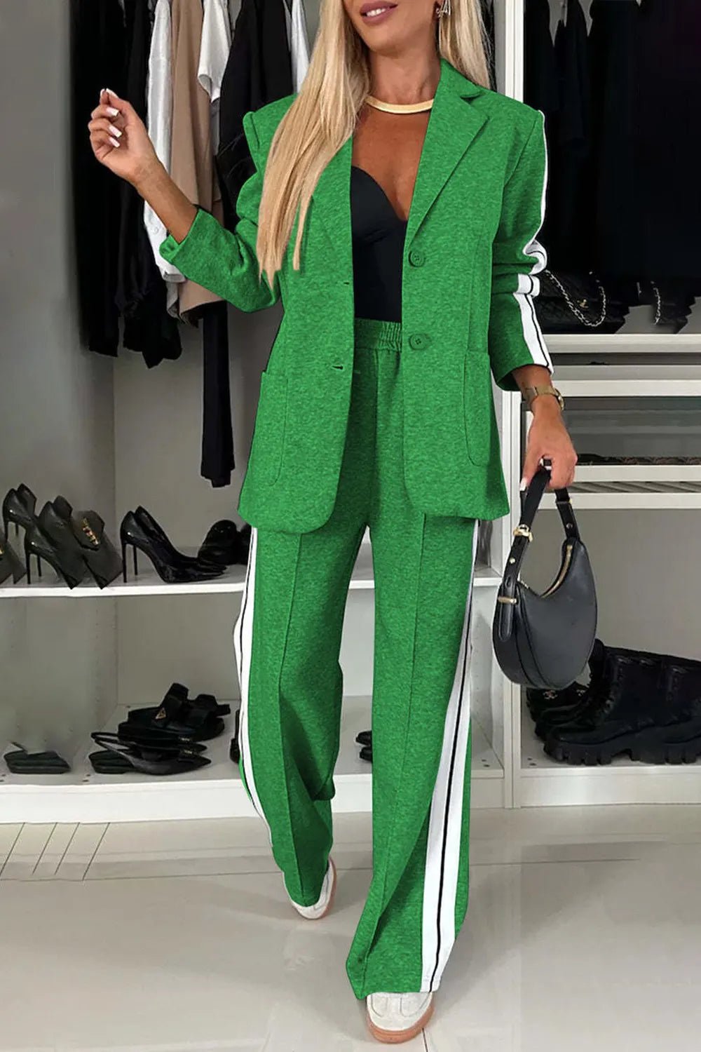 Full Size Two-Piece Pants Set – Contrast Lapel Collar Top & Matching Trousers - LODIMAE FASHION 